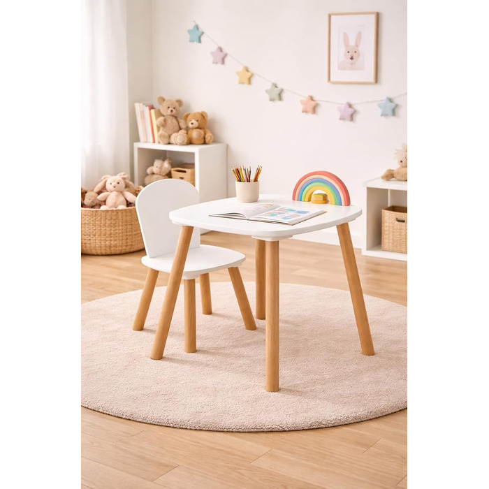 Комплект столу та стільців Atmosphera Alex для дітей, 2 предмети (1 стіл 1 стілець), водовідштовхувальна стільниця, меблі для спальні, меблі для ігрової кімнати, для дівчаток та хлопчиків, дерево, закруглені краї, білий