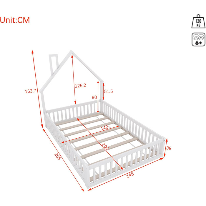 Дитяче підлогове ліжко, двоспальне ліжко 140x200 см з поручнями, рейковою основою та формою димоходу ліжко Монтессорі, ліжечко, домашнє ліжко, дерев&39яне ліжко, каркас ліжка, дитяче ліжко, соснове дерево, без матраца, біле.
