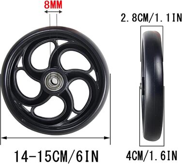 Колеса для інвалідного візка, 5/6/8 дюймів, переднє колесо, запасні колеса чорного кольору, 2 суцільні шини на передньому колесі, гвинтове кріплення, твердий профіль для полегшення кочення (колір чорний, розмір 12-1 Noir 14-15 см / 6 дюймів)