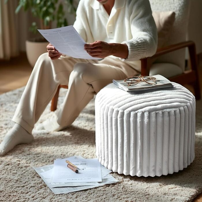 Круглий пуф-табурет, кругла пуф-мішок для ніг, диванний табурет, пуф для ніг з високоякісним штучним хутром, пуф, подушка-пуф для квасолі, сидіння для дивана та вітальні, 38x50x50 см, білий