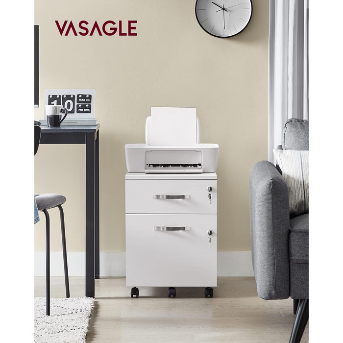 Мобільна шафа для документів VASAGLE із замком, 2 шухлядами, 5 коліщатками, регульованими підвісними рейками, для підвісних файлів формату A4 та Letter, хмарно-білий LCD22WV1