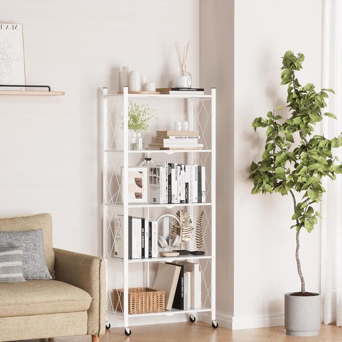 Складана полиця ALANNG на колесах - Окремостояча полиця з 5 полицями, Металева книжкова полиця - Міцна та без складання - Для кухні, вітальні, підвалу, офісу - Біла 154 x 62 x 29,5 см