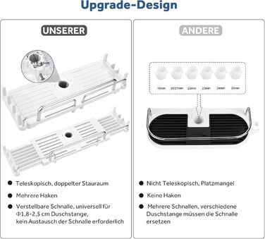 Душова полиця без свердління, телескопічна 32-48 см, душова полиця для підвісного органайзера для ванної кімнати, душова полиця без свердління, стійка для зберігання душової штанги для душової штанги 18-25 мм (біла)