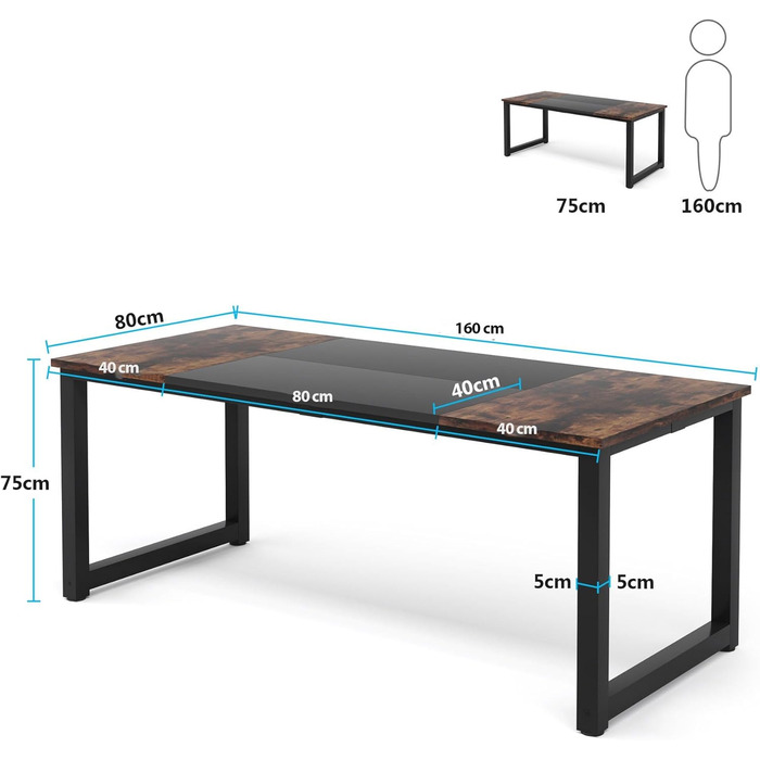 Обідній стіл Tribesigns 160 x 80 см, промисловий кухонний стіл для 4-6 осіб, прямокутний обідній стіл для їдальні, кухні, вітальні, з міцними металевими ніжками (колір Rustic Brown) 160 x 80 x 75 см