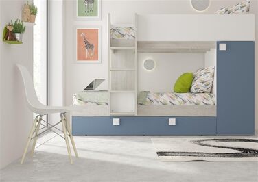 Двох'ярусне ліжко для двох дітей з висувним ліжком і шафою Колір білий потертий і блакитний