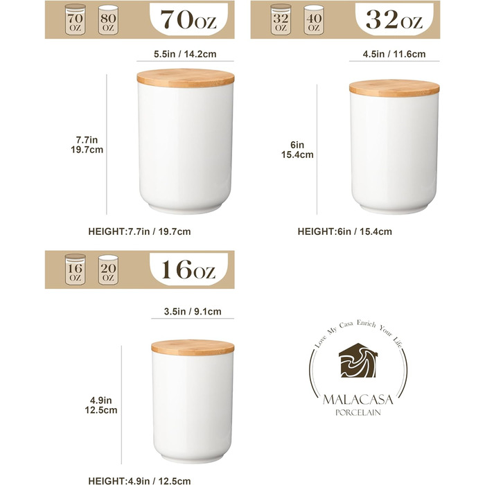 Банки для зберігання з кришками, Набір банок для зберігання 3 2000 мл, 950 мл, 470 мл для Кави, Цукру, Чаю, Круп, Борошна, Спецій - Білі керамічні контейнери для зберігання з герметичними кришками 2000 950 470 мл