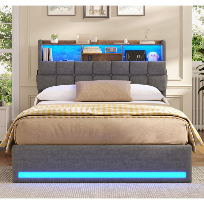 М&39яке ліжко 140200 см Гідравлічне ліжко з відсіком для зберігання речей та світлодіодним освітленням Дитяче ліжко з портами USB та Type-C Двоспальне ліжко Каркас ліжка з дерев&39яними ламелями, лляна тканина, без матраца (Темно-сірий, 140x200 см) 140x20