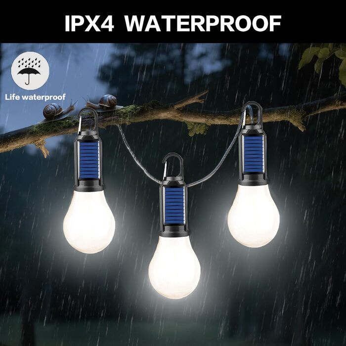 Світлодіодний ліхтар для намету з сонячним живленням від USB, акумуляторний портативний кемпінговий ліхтар, 3 режими освітлення, відкритий підвісний ліхтар з гачком, теплий білий ліхтар для намету, походи, ніч, риболовля, аварійний режим, 5 шт.