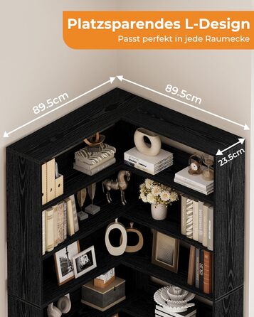 Книжкова полиця IRONCK, 6 ярусів, кутова полиця, висота 180 см, окремостояча дерев&39яна L-подібна відкрита полиця, полиця для зберігання речей для кабінету, офісу, вітальні, спальні (чорна)