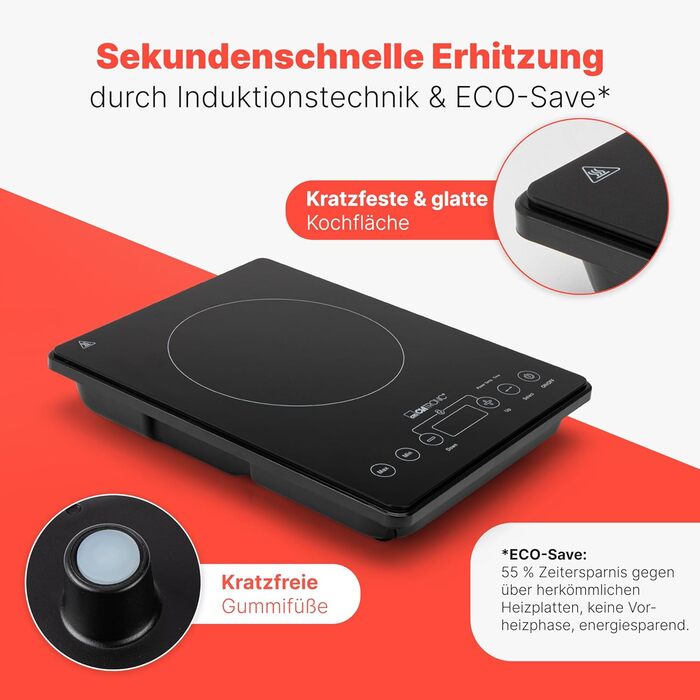 Індукційна плита Clatronic Конфорка з індукційним нагріванням за лічені секунди Плита з технологією ECO-Save для 55 економії часу Індукційна варильна поверхня з автоматичним визначенням горщика EKI 3569