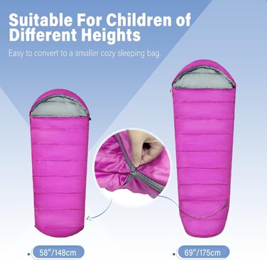 Дитячий спальний мішок REDCAMP для хлопчиків та дівчаток 175 x 65 см, матусин спальний мішок, зручний, легкий та теплий з регульованою довжиною, 3 сезони, підходить для кемпінгу та активного відпочинку, синій/рожевий