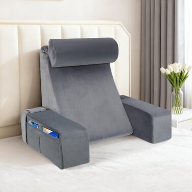 Ергономічна подушка для читання зі знімним підголівником та підлокітниками, з підтримкою спинки для ліжка, дивана, підлоги, регульована для читання, роботи та відпочинку, сіра