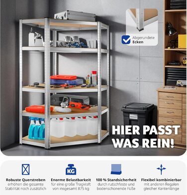 Стелаж для майстерні tectake, міцний кутовий стелаж з 5 полицями, металевий стелаж для зберігання, стелаж для підвалу, аксесуари для гаража, органайзер для складського приміщення, стелаж без болтів, для зберігання, вантажний стелаж - 875 кг, 180 x 89,5 x 