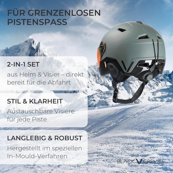 Лижний шолом BLACK CREVICE Vail Лижний шолом у стилі Pilot із козирком Чоловічий та жіночий лижний шолом Полікарбонатний лижний шолом Дихаючий лижний шолом Регульований розмір M (55-58 см) Матовий рушничний метал/Блискучий чорний