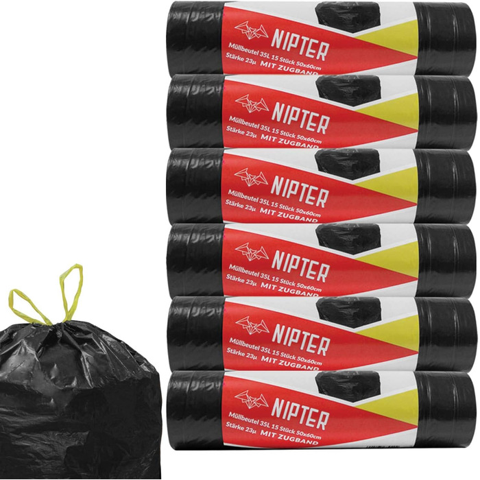 Екологічні пакети для сміття зі шнурком, 35 л, преміум-пакет для сміття, стійкий до розривів, герметичний, 23 мкм, 50x60 см, чорний, 15 пакетів для сміття в рулоні, 6 рулонів