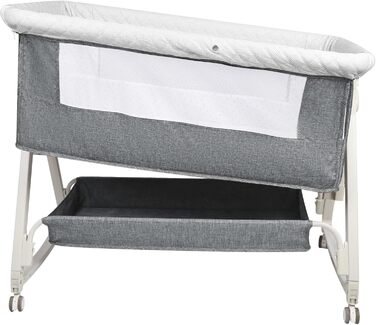 Ліжечко 3-в-1, дорожнє ліжечко для немовлят з матрацом, 6-позиційне регульоване по висоті дитяче ліжечко з верхньою платформою, портативна колиска з колесами для дітей до 36 місяців - 92 x 52 x 106-118 см - Білосніжний сірий