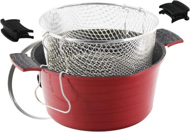 Горщик для картоплі фрі ROSSETTO 24 см з кошиком для смаження, каструля з литого алюмінію індукційна, горщик для картоплі фрі 2-в-1, зі скляною кришкою, антипригарне покриття, підходить для індукції, горщик для пасти 4,5 літра, червоний