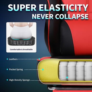 Офісне крісло SITMOD Ігрове крісло, велике ПК-крісло з регулюванням висоти, поворотне, ергономічне ігрове крісло зі штучної шкіри з підніжкою та поперековою опорою, поворотні робочі крісла на 360 - червоне