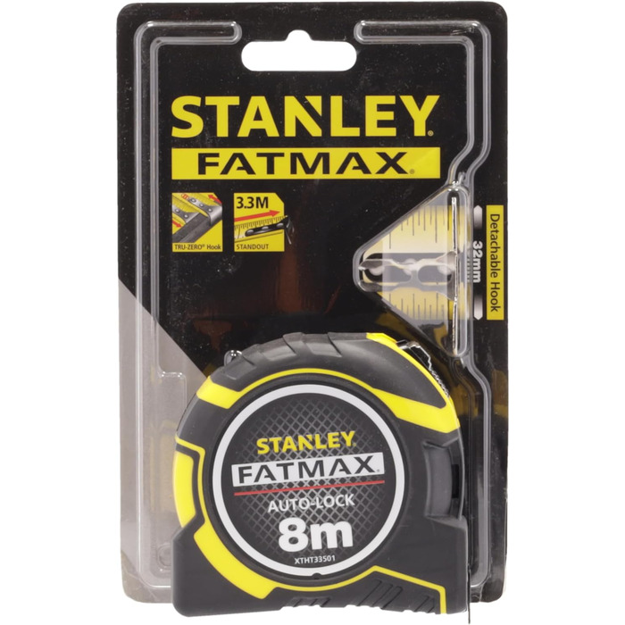 Рулетка Stanley FatMax PRO Autolock XTHT0-33501 (довжина 8 м, ширина полотна 32 мм, змінні гачки, броньоване лезо та захисне покриття з майлару, з фіксатором та поверненням, вкл. ремінну кліпсу) 8 м