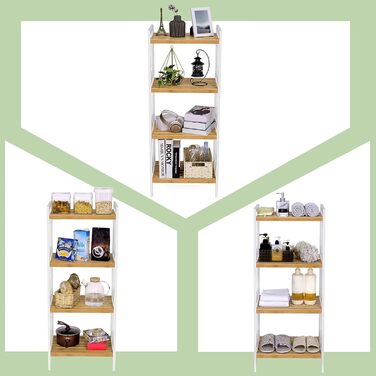 Бамбукова полиця SONGMICS, кухонна полиця, полиця для ванної кімнати, книжкова полиця, окремостояча полиця з 4 полицями, 31,5 x 45 x 111 см, для ванної кімнати, кухні, вітальні, спальні, балкону, натурально-білий BCB74WN Натуральний білий 4 рівні (111В см