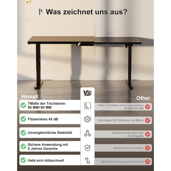 Стіл Homall з регульованою висотою 160x80 см з портом зарядки USB-A, електричний стіл з лотком для кабелів, стіл для роботи стоячи з 3 функціями пам&39яті, комп&39ютерний стіл чорного кольору 160x80см чорний