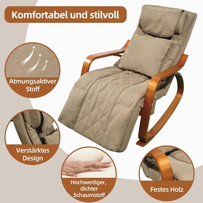 Масажне крісло-гойдалка, крісло-реклайнер, крісло для телевізора з 3-зонним масажем, масажне крісло з функцією підігріву, регульований підголівник та підставка для ніг, знімний чохол, вантажопідйомність 150 кг, світло-коричневий колір