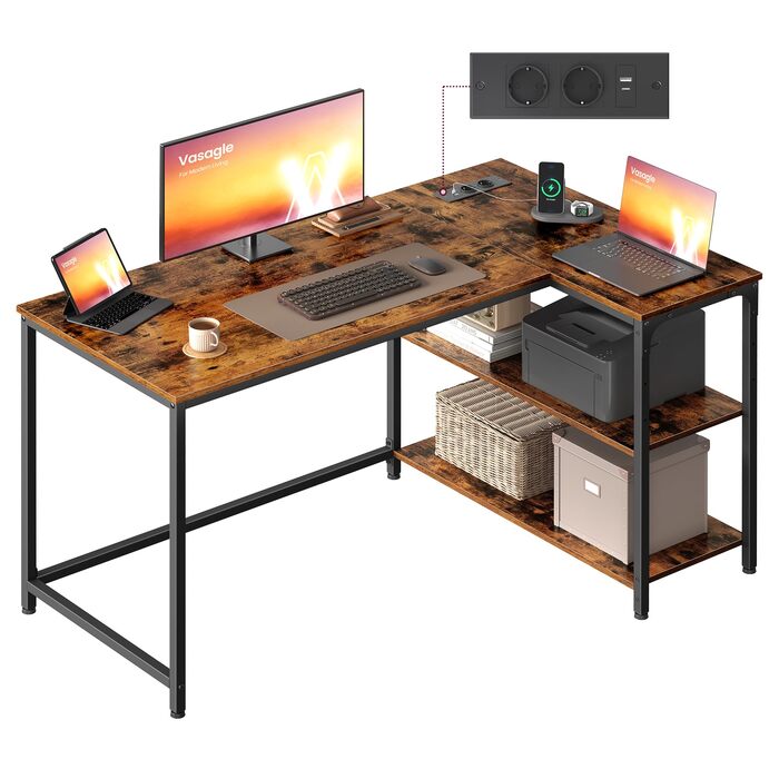 Г-подібний кутовий стіл, комп&39ютерний стіл з місцем для зберігання, офісний стіл, полиця з регульованою висотою, для домашнього офісу, з 2 розетками змінного струму та 2 USB-портами, 120 x 80 см, вінтажно-коричневий LWD132KD01 Подовжувач живлення 120 x 
