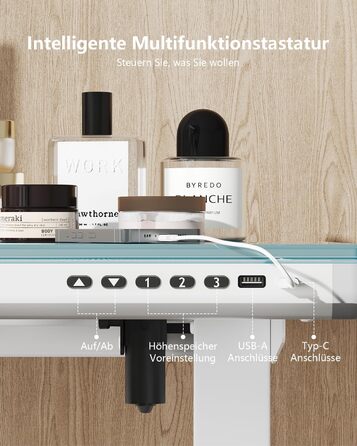 Стіл Homall Glass з регульованою висотою, 120 x 60 см, електричний стіл з регульованою висотою та шухлядою, стіл для домашнього офісу з можливістю сидіти та стояти, білий 120 x 60 см, білий