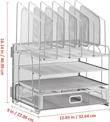 Органайзер для столу Marbrasse, 4-ярусний лоток для паперу та листів з висувними ящиками, 5 вертикальних лотків для документів та 2 тримачі для ручок, сітчастий настільний органайзер для зберігання домашнього та офісного приладдя (сріблястий)