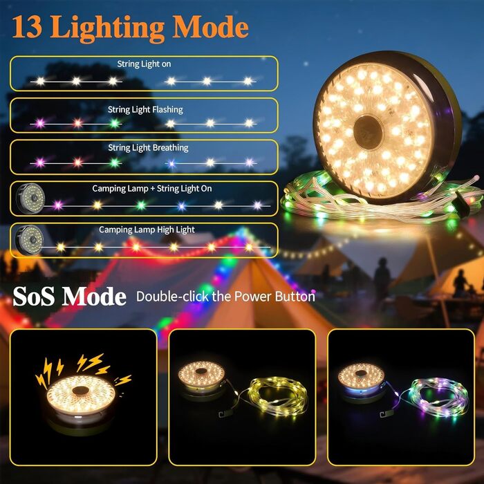 М кемпінгові гірлянди, висувні кемпінгові гірлянди, 4000 мАг та 13 режимів освітлення, портативні акумуляторні світлодіодні гірлянди 4-в-1, портативне освітлення для кемпінгу на відкритому повітрі, 10