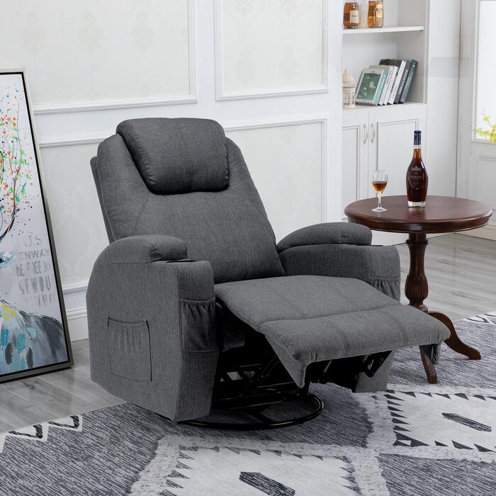 Крісло для телевізора, відкидне крісло, масажне крісло з функцією підігріву та вібрації, пульт дистанційного керування, поворот на 360, лляно-сірий колір