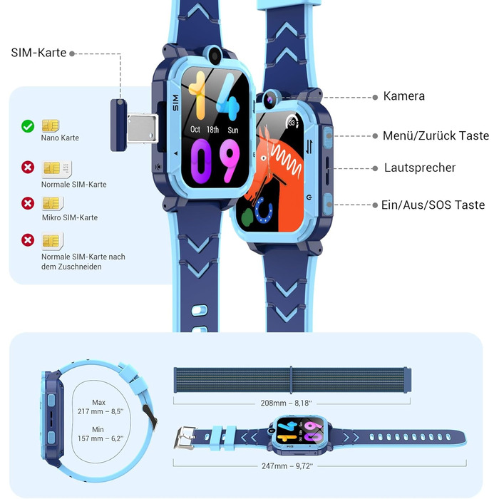Розумний годинник Blackview Kids, слот для SIM-картки, LBSWiFiGPS-трекер, функція 4G, екстрений виклик SOS, телефонні дзвінки, відеодзвінки, голосовий чат, SMS, шкільний режим, дитячий годинник для хлопчиків та дівчаток, 4G - Прусський синій