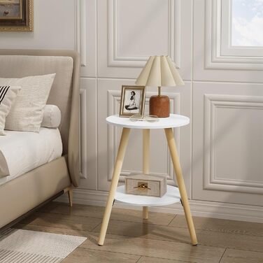 Круглий журнальний столик EUGAD, журнальний столик з 2 полицями, столик для вітальні, тумбочка, сучасний білий колір, маленький столик з місцем для зберігання, столик-диван, виготовлений з МДФ дерева, для вітальні та спальні, 38x55x38 см