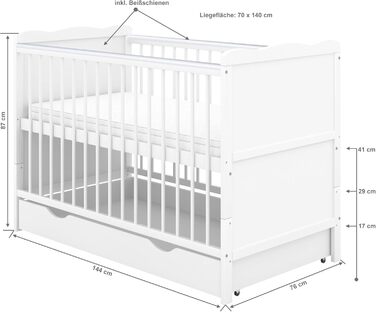 Дитяче ліжечко 70x140 біле, що трансформується в дитяче ліжко Jack з шухлядою