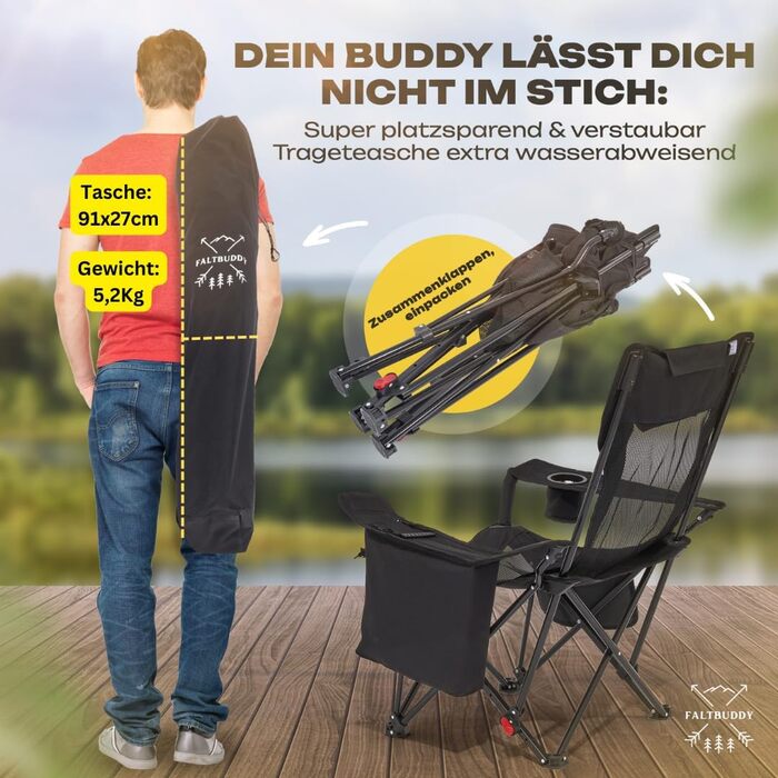 Складане крісло для кемпінгу та крісло-відкидка 2-в-1 180 кг Чорний Сумка-холодильник XXL Складане крісло I Складане крісло I Рибальське крісло Шезлонг для кемпінгу Пляжний шезлонг Складаний Легкий - Рибалка Пляж Фестиваль Відкритий