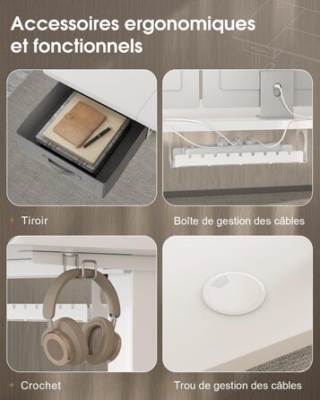 Письмовий стіл з регульованою висотою 160x80 см, Стіл з регульованою висотою та висувними ящиками, порт зарядки USB-A, комп&39ютерний стіл з лотком для кабелів, стіл для роботи стоячи з 3 функціями пам&39яті, білий, 160 x 80 см