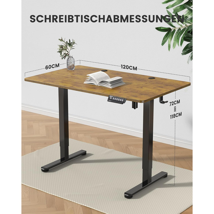 Електрично регульований по висоті стіл 120 x 60 см, Стіл з регульованою висотою та 4 налаштуваннями пам&39яті, розумний стіл для домашнього офісу зі з&39єднувальною пластиною 120 x 60 см, колір вінтажного дерева
