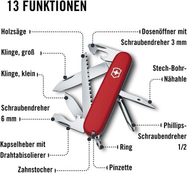 Швейцарський армійський ніж Victorinox Hiker, мультитул, 13 функцій, лезо, консервний ніж, викрутка (одинарна)