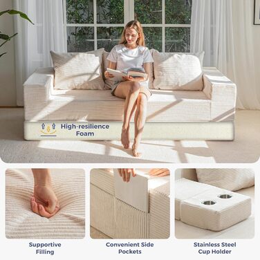 Розкладний диван MAXYOYO, вельветовий диван на підлозі, розкладний диван з підставкою для чашок та декоративними подушками, зручний компресійний диван для вітальні, спальні, кімнати для гостей, кремовий 3-місний