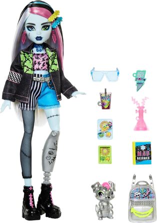 Лялька Monster High Френкі Штайн у джинсовій куртці та шортах, також включає її собаку Вотзі та аксесуари, такі як рюкзак, перекус та блокнот, HXH73
