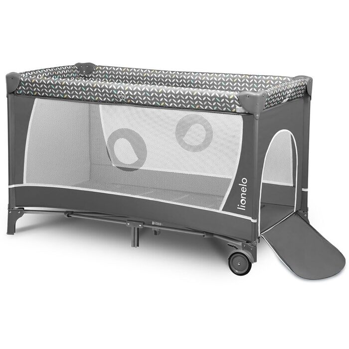 Дитяче ліжечко Lionelo Flower 4-в-1 з боковим входом, пеленальний столик, два рівні висоти підвіски матраца, арка для іграшок з фігурками, колеса, сумка для перенесення, сірий колір