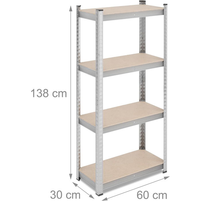 Міцний стелаж Relaxdays, ВxШxГ 138x60x30 см, 200 кг, сталь, 4 полиці, полиця для зберігання, для підвалу, гаража, підключається до мережі, сріблястий