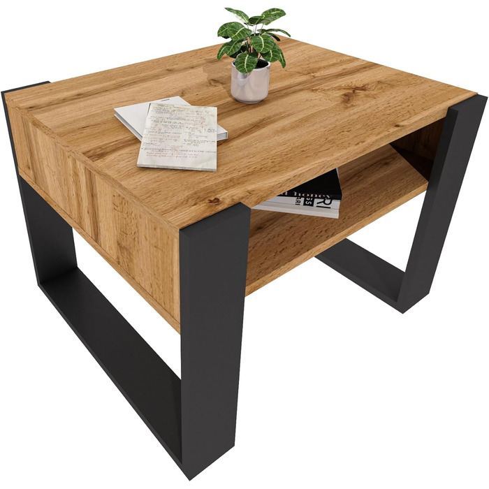 Журнальний столик 6553,6 см Стіл для вітальні з інженерної деревини, Міцний та сучасний журнальний столик з додатковим місцем для зберігання Журнальний столик, дуб Вотан/чорний, прямокутний 6553,6 см Дуб Вотан / чорний