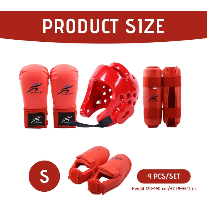 Захисне спорядження для спарингу, захисне спорядження для спарингу карате з поліестеру, тхеквондо, включає 1 шолом, 1 пару рукавичок та 1 пару захисних наколінників, також підходить для велоспорту, бойових мистецтв тощо, червоний, розмір S