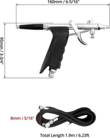 Система пістолетів для аерографії - Сопла 0,3 мм 0,5 мм 0,8 мм - Стаканчик для фарби 2 куб.см 5 куб.см 13 куб.см - Довжина шланга 1,8 м