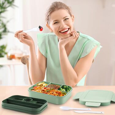 Ланчбокс для дорослих Sinnsally, 2000 мл, з роздільними відсіками, набір з контейнерами для бенто та столовими приборами, контейнер для перекусу, коробка для сніданку, герметичний контейнер для їжі, зелений