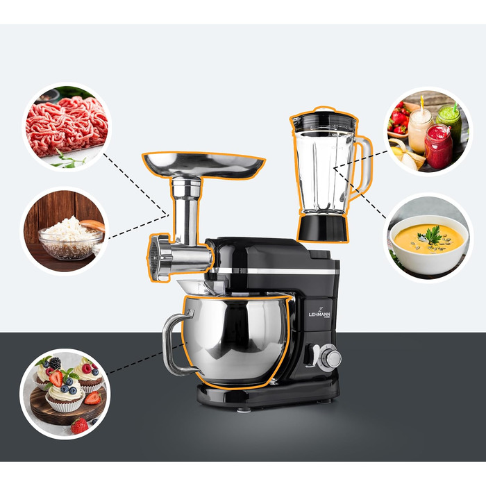 Універсальний кухонний комбайн Lehmann 3 в 1 комплект Планетарна мішалка Багатофункціональний кухонний комбайн з м'ясорубкою включаючи соковижималку 1,5 л і чашу з нержавіючої сталі 5 л