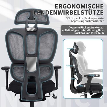 Ергономічне офісне крісло з підставкою для ніг, крісло для роботи з високою спинкою та подвійною спинкою, 2D-підголівник, відкидні підлокітники, губчасте сидіння, сітчасте крісло, крісло керівника, комп&39ютерне крісло для дорослих, чорне