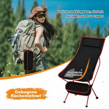 Складаний кемпінговий стілець eSituro, легкий складний стілець, рибальський стілець з сумкою для перенесення, складний стілець з високою спинкою, відкритий пляжний кемпінговий стілець, для риболовлі, пікніків, походів, 1 чорний червоний