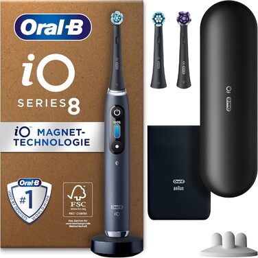 Електрична зубна щітка/електрична зубна щітка Oral-B iO Series 8 Plus Edition, ПЛЮС 3 щітки з відбілюванням, магнітний футляр, 6 режимів чищення, упаковка, що підлягає переробці, подарунок чоловік/жінка, чорний чорний (КАРТОННА УПАКОВКА)